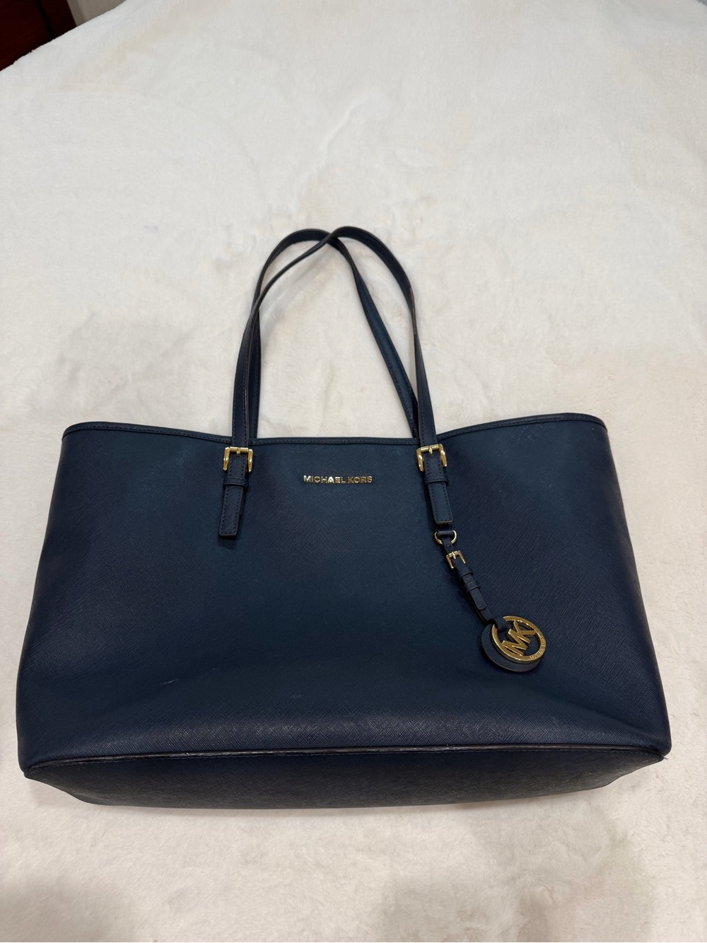 Michael Kors Navy Saffiano Leather Jet Set Tote with Gold Hardware
